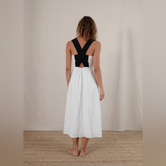 Luxmii Gessato Midi Dress NWT Cream Pinstripe Linen Back Detail Minimalist L